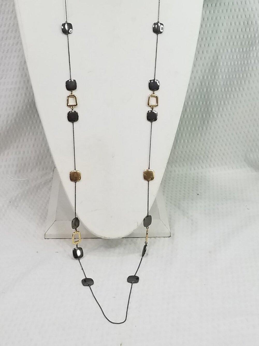 Signed Kenneth Cole Gunmetal Gold Tone Geo Squares Long Station Necklace 48"